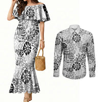 White Aloha Hawaiian Couples Matching Mermaid Dress and Long Sleeve Button Shirt Monstera Hibiscus Tropical Pattern