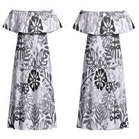 White Aloha Hawaiian Couples Matching Off Shoulder Maxi Dress and Long Sleeve Button Shirt Monstera Hibiscus Tropical Pattern