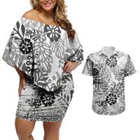 White Aloha Hawaiian Couples Matching Off Shoulder Short Dress and Hawaiian Shirt Monstera Hibiscus Tropical Pattern