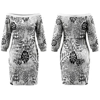 White Aloha Hawaiian Couples Matching Off The Shoulder Long Sleeve Dress and Hawaiian Shirt Monstera Hibiscus Tropical Pattern