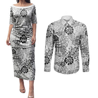 White Aloha Hawaiian Couples Matching Puletasi and Long Sleeve Button Shirt Monstera Hibiscus Tropical Pattern