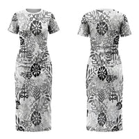White Aloha Hawaiian Couples Matching Short Sleeve Bodycon Dress and Long Sleeve Button Shirt Monstera Hibiscus Tropical Pattern