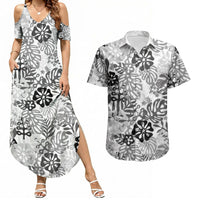 White Aloha Hawaiian Couples Matching Summer Maxi Dress and Hawaiian Shirt Monstera Hibiscus Tropical Pattern