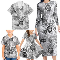 White Aloha Hawaiian Family Matching Long Sleeve Bodycon Dress and Hawaiian Shirt Monstera Hibiscus Tropical Pattern