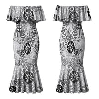 White Aloha Hawaiian Family Matching Mermaid Dress and Hawaiian Shirt Monstera Hibiscus Tropical Pattern