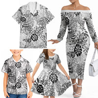 White Aloha Hawaiian Family Matching Off The Shoulder Long Sleeve Dress and Hawaiian Shirt Monstera Hibiscus Tropical Pattern