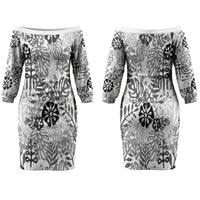 White Aloha Hawaiian Family Matching Off The Shoulder Long Sleeve Dress and Hawaiian Shirt Monstera Hibiscus Tropical Pattern