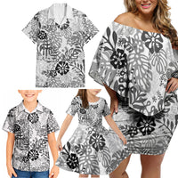 White Aloha Hawaiian Family Matching Off Shoulder Short Dress and Hawaiian Shirt Monstera Hibiscus Tropical Pattern