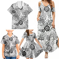 White Aloha Hawaiian Family Matching Summer Maxi Dress and Hawaiian Shirt Monstera Hibiscus Tropical Pattern
