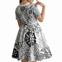 White Aloha Hawaiian Kid Short Sleeve Dress Monstera Hibiscus Tropical Pattern