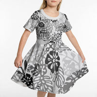 White Aloha Hawaiian Kid Short Sleeve Dress Monstera Hibiscus Tropical Pattern