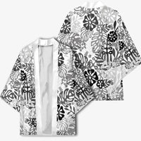 White Aloha Hawaiian Kimono Monstera Hibiscus Tropical Pattern