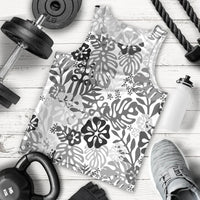 White Aloha Hawaiian Men Tank Top Monstera Hibiscus Tropical Pattern