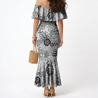 White Aloha Hawaiian Mermaid Dress Monstera Hibiscus Tropical Pattern
