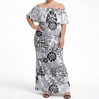 White Aloha Hawaiian Off Shoulder Maxi Dress Monstera Hibiscus Tropical Pattern