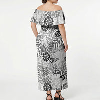 White Aloha Hawaiian Off Shoulder Maxi Dress Monstera Hibiscus Tropical Pattern