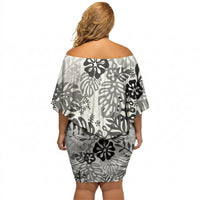 White Aloha Hawaiian Off Shoulder Short Dress Monstera Hibiscus Tropical Pattern