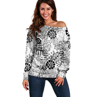White Aloha Hawaiian Off Shoulder Sweater Monstera Hibiscus Tropical Pattern