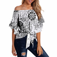 White Aloha Hawaiian Off Shoulder Wrap Waist Top Monstera Hibiscus Tropical Pattern