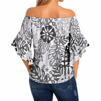 White Aloha Hawaiian Off Shoulder Wrap Waist Top Monstera Hibiscus Tropical Pattern