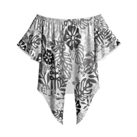 White Aloha Hawaiian Off Shoulder Wrap Waist Top Monstera Hibiscus Tropical Pattern