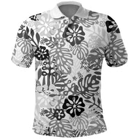 White Aloha Hawaiian Polo Shirt Monstera Hibiscus Tropical Pattern