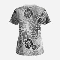 White Aloha Hawaiian Scrub Top Monstera Hibiscus Tropical Pattern