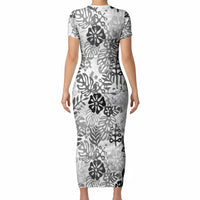 White Aloha Hawaiian Short Sleeve Bodycon Dress Monstera Hibiscus Tropical Pattern