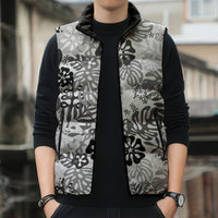 White Aloha Hawaiian Sleeveless Puffer Jacket Monstera Hibiscus Tropical Pattern