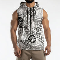 White Aloha Hawaiian Sleeveless Zip Hoodie Monstera Hibiscus Tropical Pattern