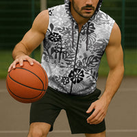 White Aloha Hawaiian Sleeveless Zip Hoodie Monstera Hibiscus Tropical Pattern