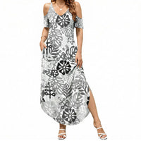 White Aloha Hawaiian Summer Maxi Dress Monstera Hibiscus Tropical Pattern