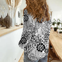 White Aloha Hawaiian Women Casual Shirt Monstera Hibiscus Tropical Pattern