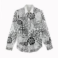 White Aloha Hawaiian Women Casual Shirt Monstera Hibiscus Tropical Pattern