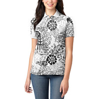 White Aloha Hawaiian Women Polo Shirt Monstera Hibiscus Tropical Pattern