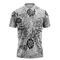 White Aloha Hawaiian Zipper Polo Shirt Monstera Hibiscus Tropical Pattern