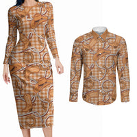 Brown Hawaii Palaka Cowboy Couples Matching Long Sleeve Bodycon Dress and Long Sleeve Button Shirt Hawaiian Paniolo Festival Spirit