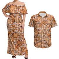 Brown Hawaii Palaka Cowboy Couples Matching Off Shoulder Maxi Dress and Hawaiian Shirt Hawaiian Paniolo Festival Spirit
