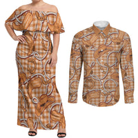 Brown Hawaii Palaka Cowboy Couples Matching Off Shoulder Maxi Dress and Long Sleeve Button Shirt Hawaiian Paniolo Festival Spirit