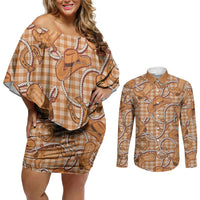 Brown Hawaii Palaka Cowboy Couples Matching Off Shoulder Short Dress and Long Sleeve Button Shirt Hawaiian Paniolo Festival Spirit