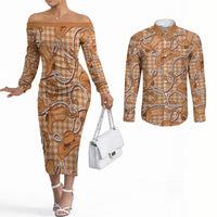 Brown Hawaii Palaka Cowboy Couples Matching Off The Shoulder Long Sleeve Dress and Long Sleeve Button Shirt Hawaiian Paniolo Festival Spirit