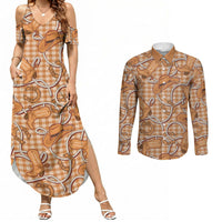Brown Hawaii Palaka Cowboy Couples Matching Summer Maxi Dress and Long Sleeve Button Shirt Hawaiian Paniolo Festival Spirit