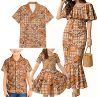 Brown Hawaii Palaka Cowboy Family Matching Mermaid Dress and Hawaiian Shirt Hawaiian Paniolo Festival Spirit