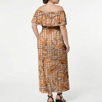 Brown Hawaii Palaka Cowboy Off Shoulder Maxi Dress Hawaiian Paniolo Festival Spirit