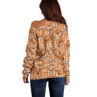 Brown Hawaii Palaka Cowboy Off Shoulder Sweater Hawaiian Paniolo Festival Spirit