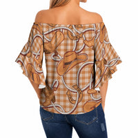 Brown Hawaii Palaka Cowboy Off Shoulder Wrap Waist Top Hawaiian Paniolo Festival Spirit