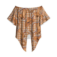 Brown Hawaii Palaka Cowboy Off Shoulder Wrap Waist Top Hawaiian Paniolo Festival Spirit