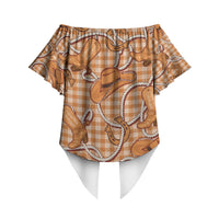 Brown Hawaii Palaka Cowboy Off Shoulder Wrap Waist Top Hawaiian Paniolo Festival Spirit
