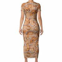 Brown Hawaii Palaka Cowboy Short Sleeve Bodycon Dress Hawaiian Paniolo Festival Spirit