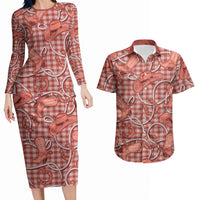 Red Hawaii Palaka Cowboy Couples Matching Long Sleeve Bodycon Dress and Hawaiian Shirt Hawaiian Paniolo Festival Spirit